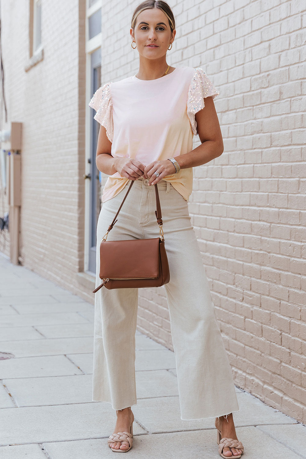 Pink Sequin Sleeves Crew Neck T-Shirt