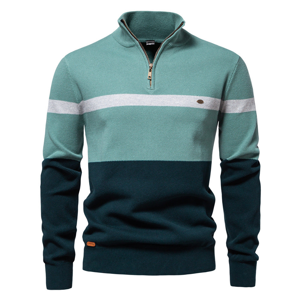 Men's Slim Fit Stand Collar Half-Zip Color-Block Knit Sweater