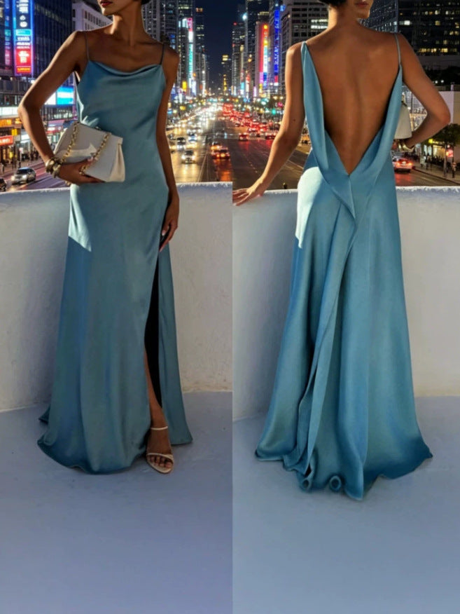 Satin Backless Long Dress with High Slit