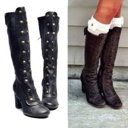 Retro Rivet High Barrel Chunky Heel Boots