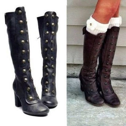 Retro Rivet High Barrel Chunky Heel Boots