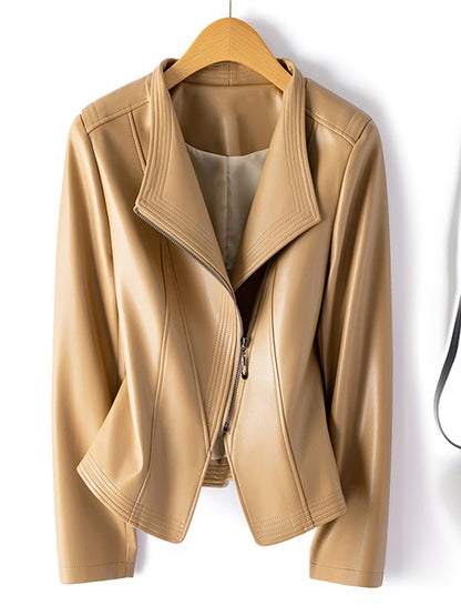 Womens PU Leather Biker Jacket Slim Fit Lapel Zipper