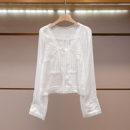 Women's Autumn French Elegant Lace Trim Tie Neck Long Sleeve Shirt