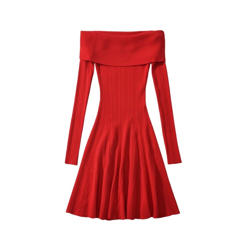 Sexy Off-Shoulder Long Sleeve Knitted Dress Women Pleated Slim Fit Short Skirt