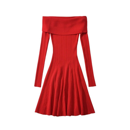 Sexy Off-Shoulder Long Sleeve Knitted Dress Women Pleated Slim Fit Short Skirt