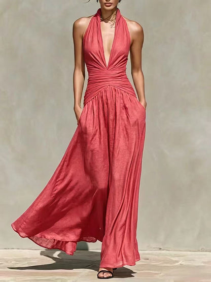 Elegant Halter Neck Deep V-Neck Dress