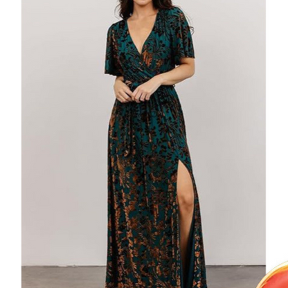 Elegant V-Neck Long Dress Slit High-Waist