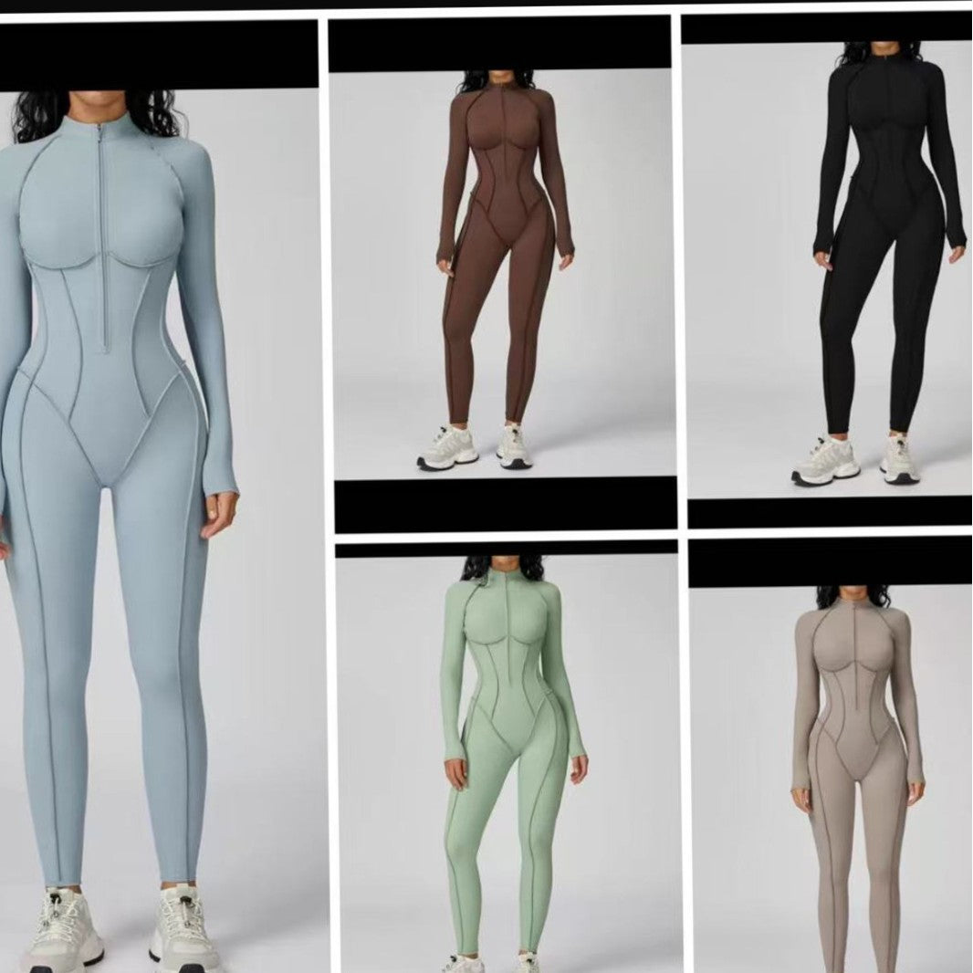 Vertical stripe stand-collar one-piece yoga suit
