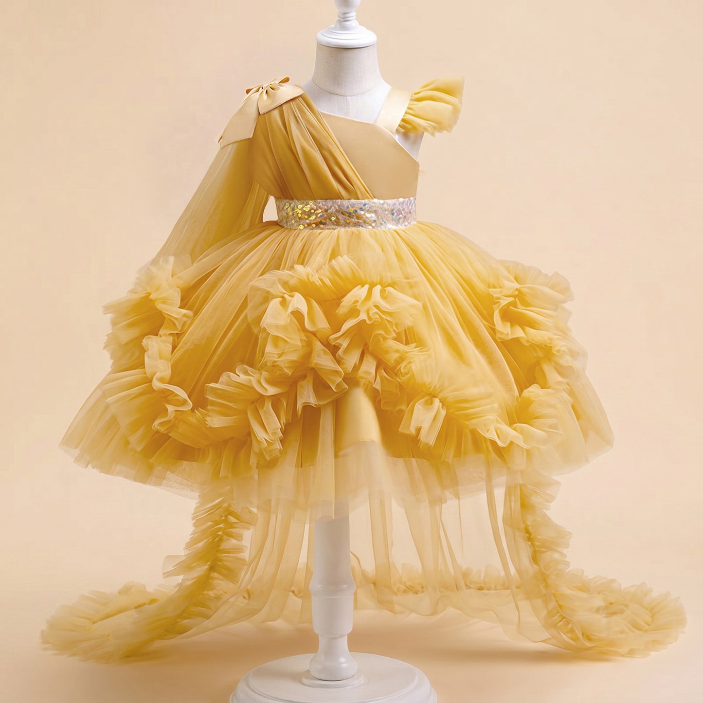 Girls Tulle Princess Dress with Irregular Train and Bow Detail Birthday Party Dress