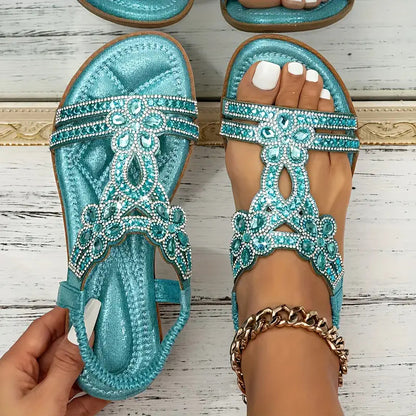 Bohemian Rhinestone Floral Flat Sandals