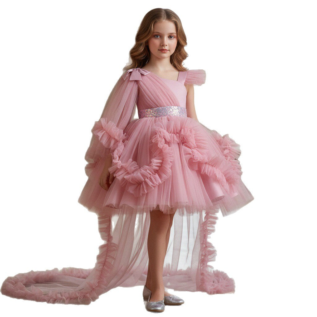 Girls Tulle Princess Dress with Irregular Train and Bow Detail Birthday Party Dress