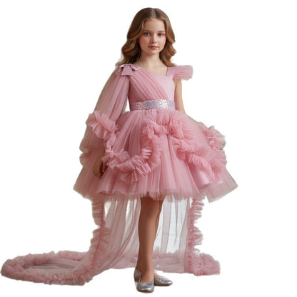 Girls Tulle Princess Dress with Irregular Train and Bow Detail Birthday Party Dress