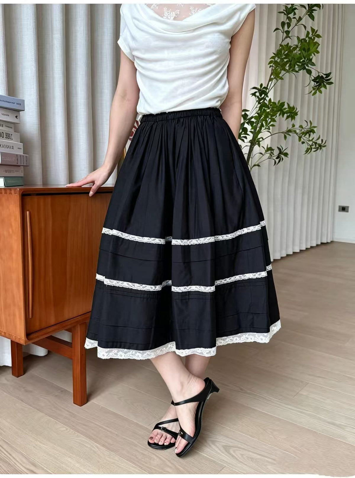 French Style Lace Splicing Floral Pleated A-Line Skirt