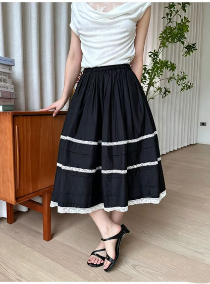 French Style Lace Splicing Floral Pleated A-Line Skirt
