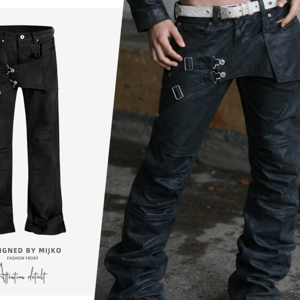 Unisex Multi-Pocket Deconstructed Layered Coated Slightly Flared Denim Jeans