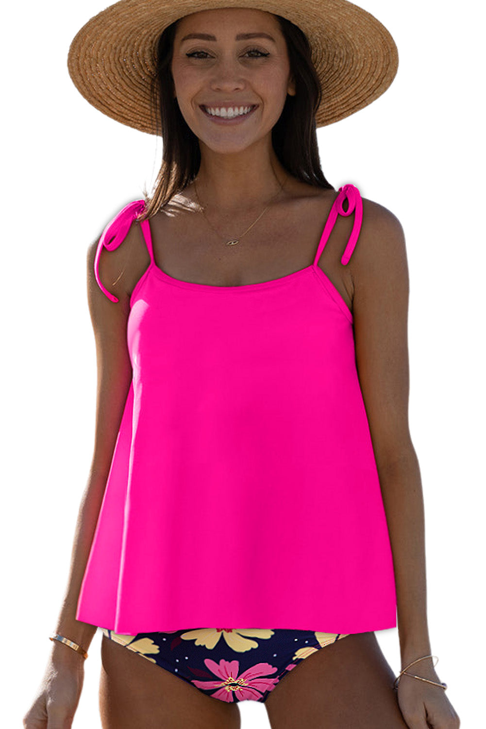 Roze rode effen camisole en tankini set met bloemenprint