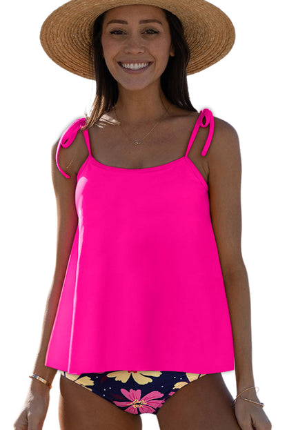 Roze rode effen camisole en tankini set met bloemenprint