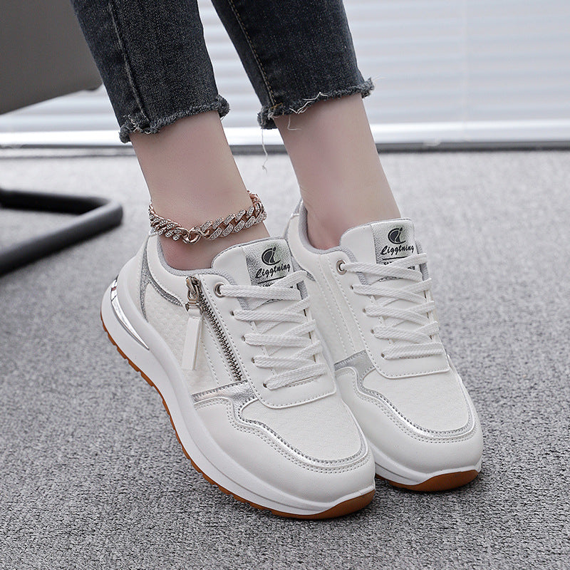 Women Colorblocked Round Toe PU Leather Flat Platform Casual Sneakers