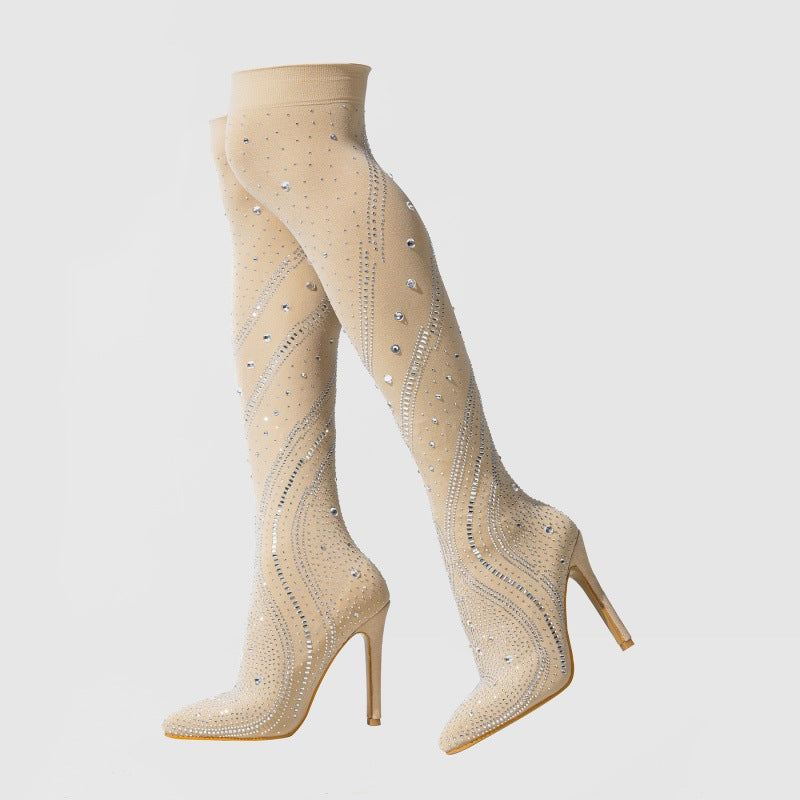 Womens Rhinestone Pointed Toe High Heel Boots