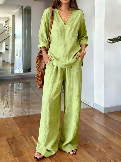 Women's V-Neck Linen Wide-Leg Two-Piece Set