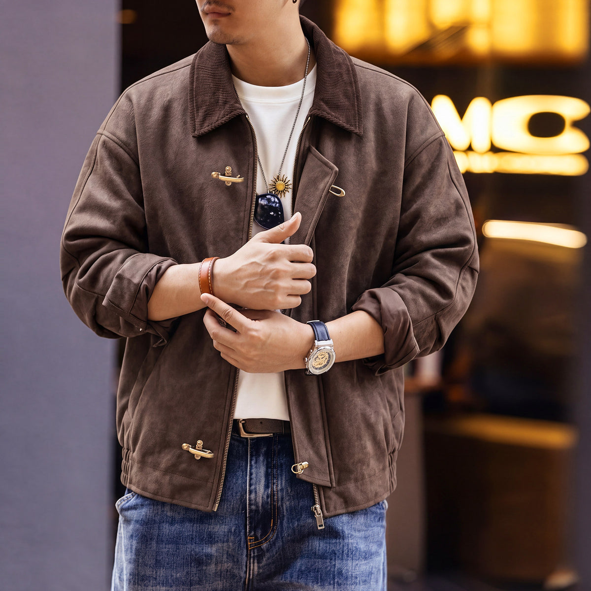 Men Vintage Turntable Collar PU Leather Jacket