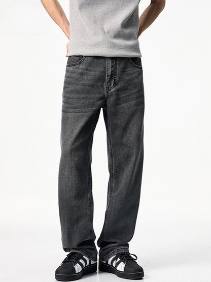 Men's Summer Loose Straight Leg Jeans Washed Black Gray Lightweight