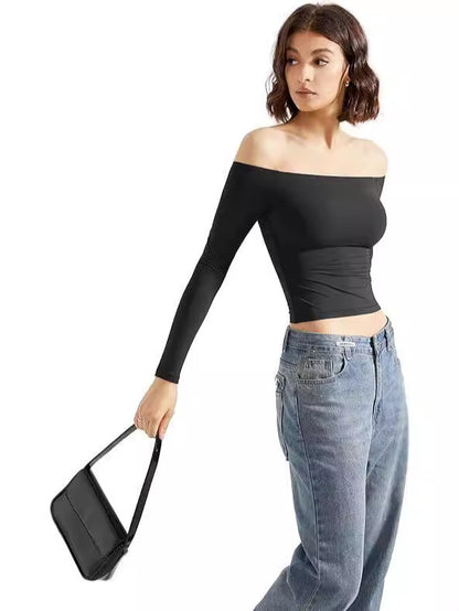 Women's Off-Shoulder Long Sleeve Crop Top Slim Fit Pullover