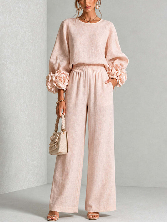 Women's Two-Piece Set Lantern Sleeve Top and Wide-Leg Pants Casual Loose Suit