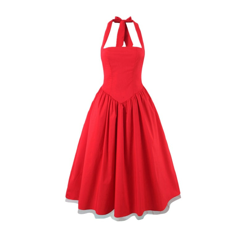 French Backless Cross-Tie Halter Dress