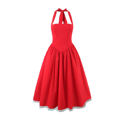 French Backless Cross-Tie Halter Dress