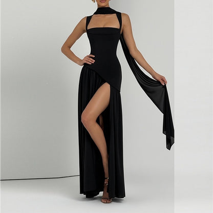Elegant Backless Pleated Slit Dress