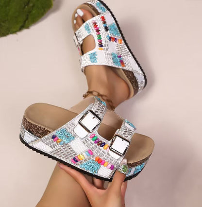 Cork Double-Buckle Rhinestone Sandals