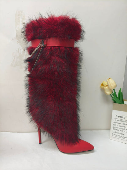 Pointed-toe furry boots high heels