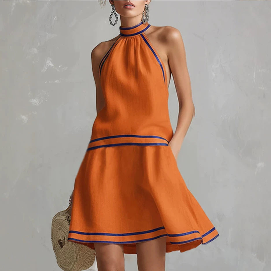 Halter Neck Striped Trim Dress