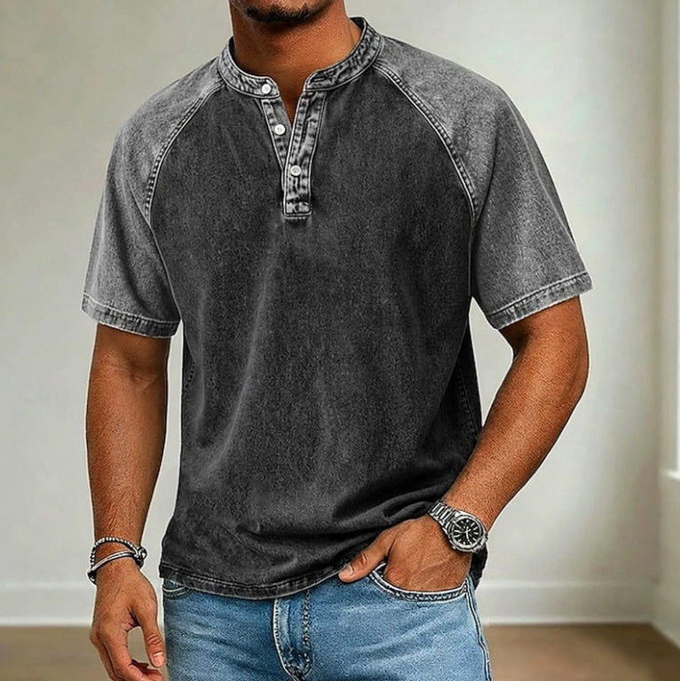 Men's Vintage Washed Henry Collar Short Sleeve Shirt