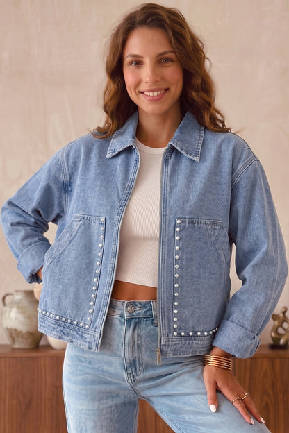 Denimjack met lange mouwen zakken ritssluiting versierd met klinknagels