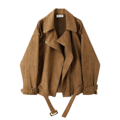 Vintage Suede Fleece-Lined Short Leather Jacket for Women