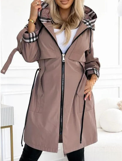 Women's Hooded Plaid Printed Windbreaker Coat
