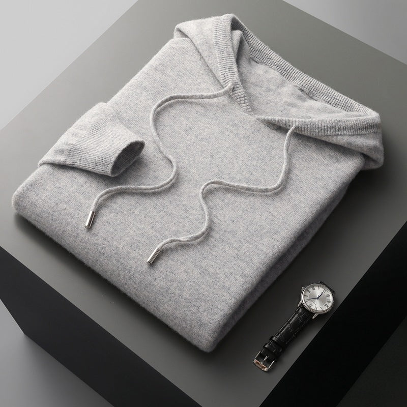 Mens Hooded Cashmere Blend Sweater Solid Color Long Sleeve Knit Pullover