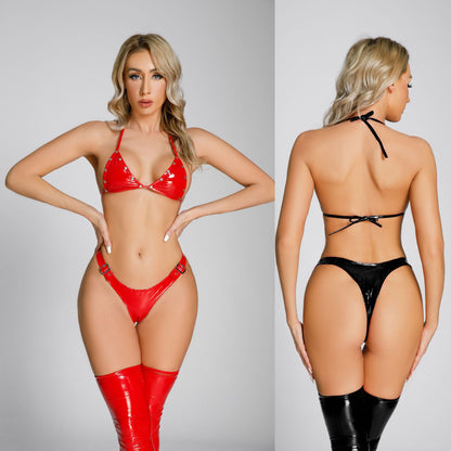 Glossy PU Lingerie Three-Piece Set