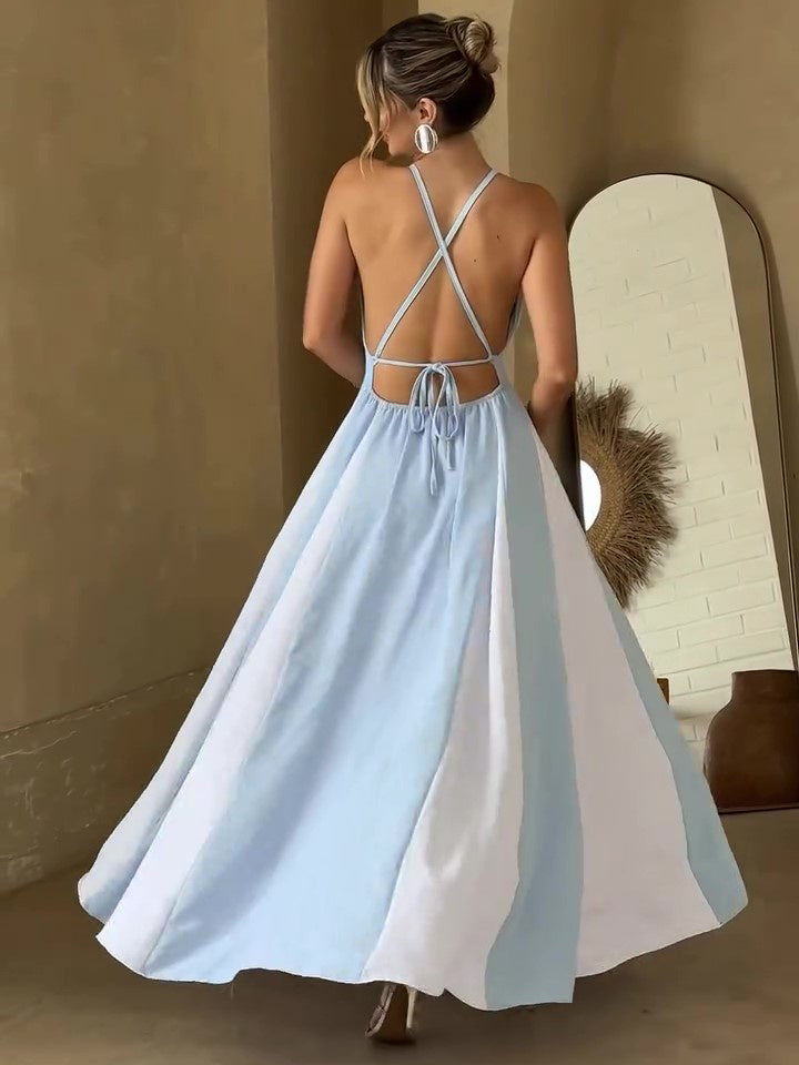 Contrasterende patchwork swingjurk met open rug