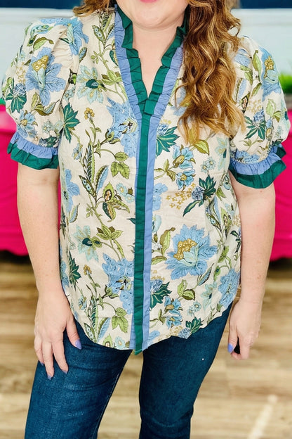 Blouse met ruches V-hals korte mouwen en bloemenprint plus size