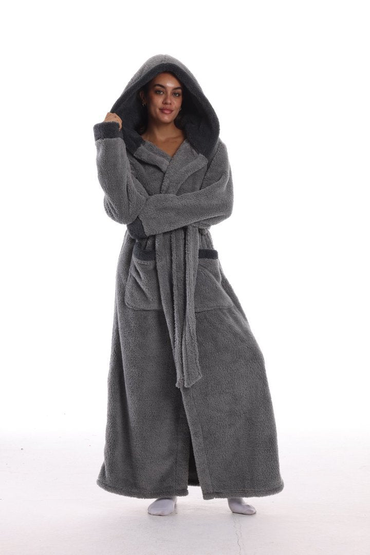 Hooded Solid Color Fleece Bathrobe with Belt Ankle Length Warm Couple Loungewear