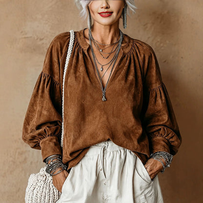 Women's Retro Ruched V-Neck Suede Loose Top
