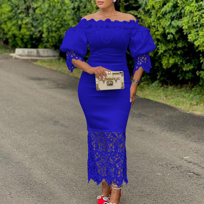 Elegant Lace-Panelled Boat-Neck Dress
