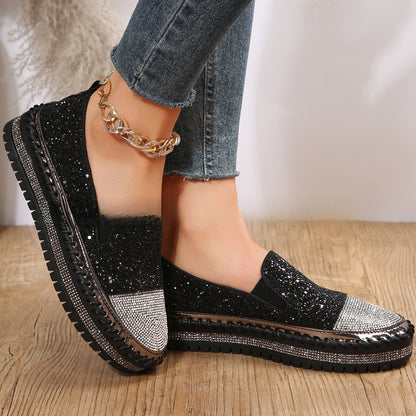 Women's Casual Rhinestone Loafers with Thick Sole