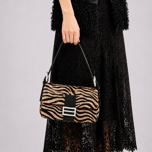 Retro zebra-patterned faux horsehair shoulder bag