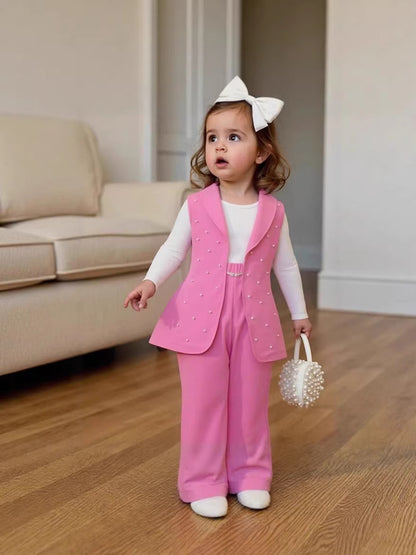 Girls' three-piece set: pink beaded blazer