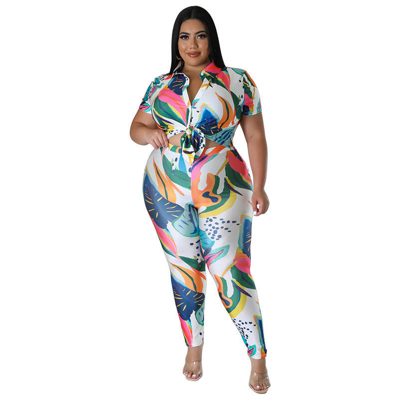 Plus Size Dames Bedrukte Zomerbroek met Korte Mouwen Blouse