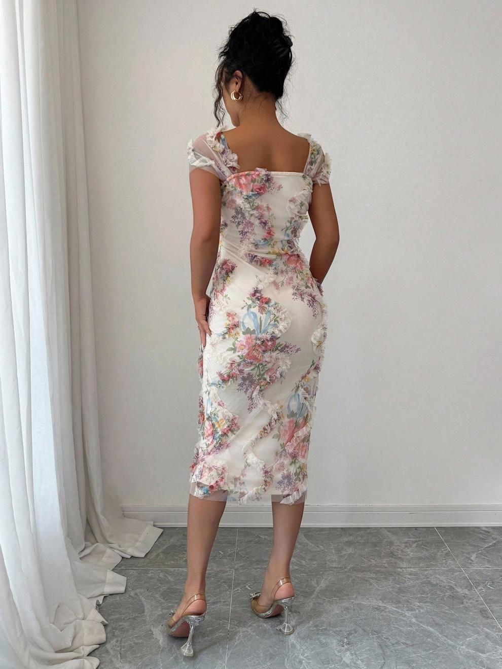 Elegant Mesh Floral Print Pleated Dress